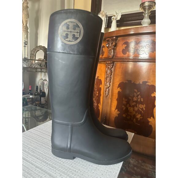 Tory Burch Black Rubber Tall Rain Boots Womens Size US 9.5 - Picture 1 of 6